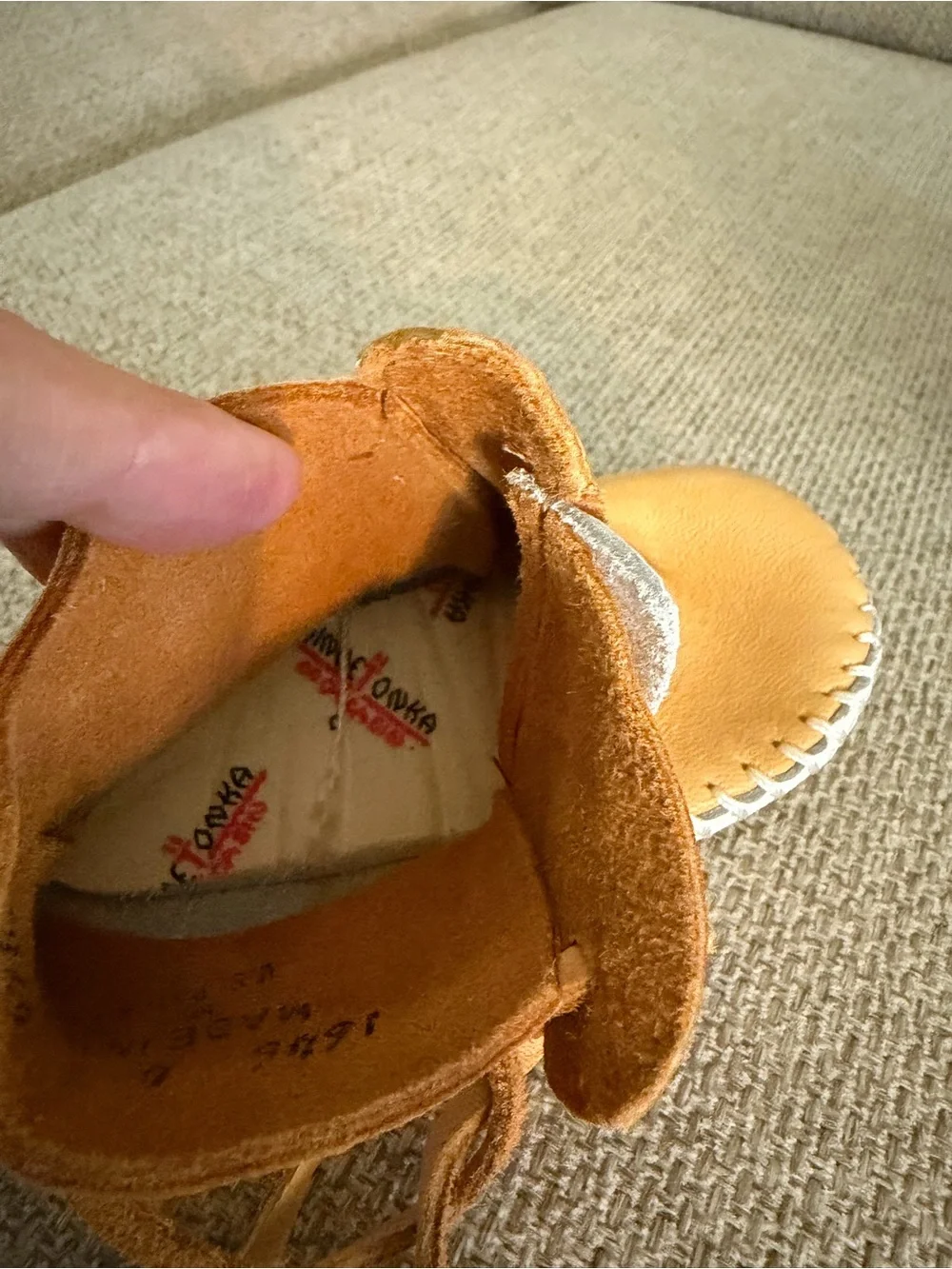 Minnetonka Tan Leather Baby Moccasin Boots with White Sole